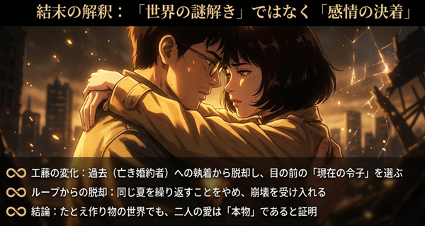 アニメ版ラストシーンの考察図解。工藤が過去への執着から脱却し、現在の令子を選んだことによる「愛の肯定」とループからの脱却を示唆する抱擁シーン。
