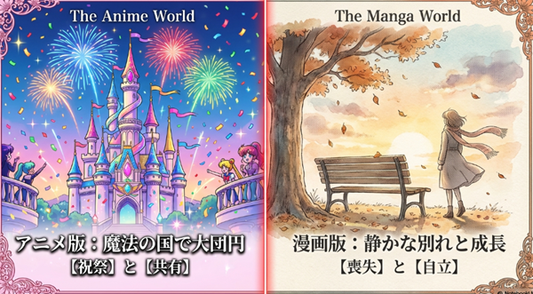 アニメ版『姫ちゃんのリボン』最終回で描かれた、魔法の城と打ち上がる花火の様子。祝祭と共有をテーマにした大団円のハッピーエンドを象徴するイラスト。