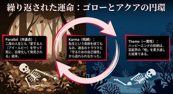 アクアと前世のゴローに共通する「愛する人を守って死に、白骨化して発見される」という運命の円環と、ハッピーエンドを拒絶した物語の一貫性についての解説。