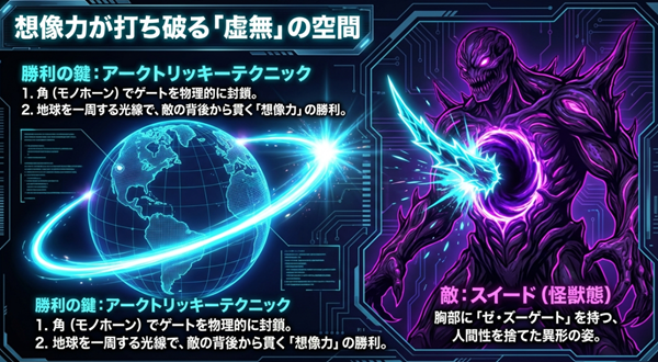 ラスボス・スイード（怪獣態）の「ゼ・ズーゲート」を物理的に封鎖し、地球一周光線で撃破した「アークトリッキーテクニック」の解説図。