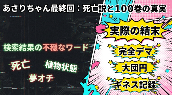 漫画『あさりちゃん』の最終回にまつわる死亡説などの都市伝説の検証と、コミックス100巻の本当の結末について解説したスライドの表紙。