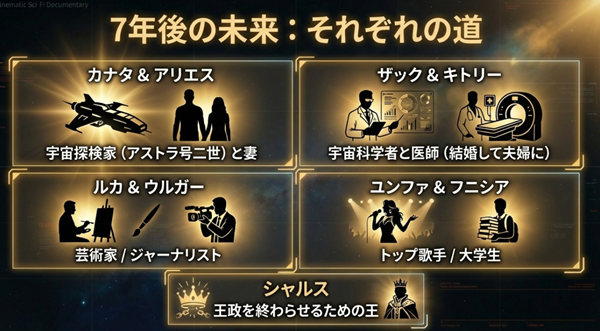 最終回から7年後、カナタやアリエス、ザックとキトリーなど、B-5班メンバーの職業や結婚相手などの進路を一覧でまとめたスライド。