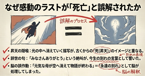光の中へ消えていく母のシルエット。「ありがとう」という言葉が辞世の句のように聞こえ、元気な母の姿が死を連想させた心理的プロセスを図解。