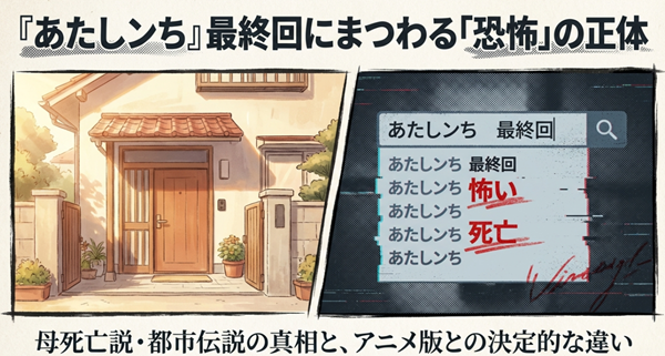 タチバナ家の玄関のイラストと共に、最終回にまつわる「恐怖」の正体や噂の真相に迫る記事の表紙スライド。