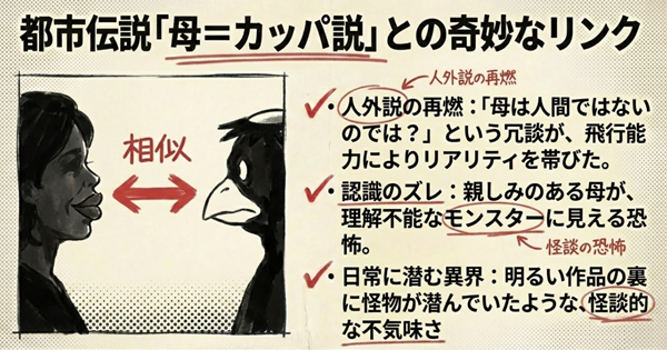 母の横顔とカッパのシルエットを比較した図。最終回での飛行能力が、冗談半分だった「母＝人外説」にリアリティを与えてしまった構図を解説。