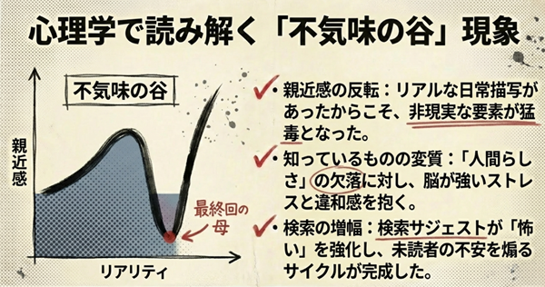 「親近感」と「違和感」の関係を示す不気味の谷のグラフ。リアルな日常描写の中に非現実的な要素が混ざることで、恐怖が増幅される仕組みを解説。