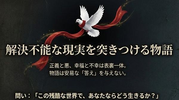 正義と悪は表裏一体であり、安易な答えを与えない物語の結末。「この残酷な世界でどう生きるか」という作者からの問いについてのまとめスライド。