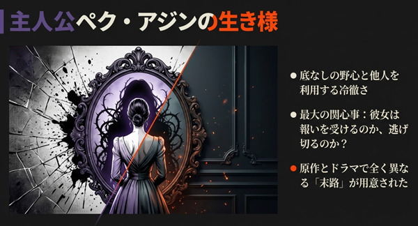 鏡に映る茨に囲まれた女性のシルエット。ペク・アジンの野心と、彼女が最後に報いを受けるのかを問うキャラクター分析図。