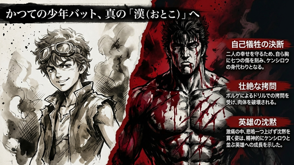 ケンシロウの身代わりとなり、自ら七つの傷を刻んでボルゲの拷問に耐えるバットの「漢（おとこ）」としての成長を描いたスライド。