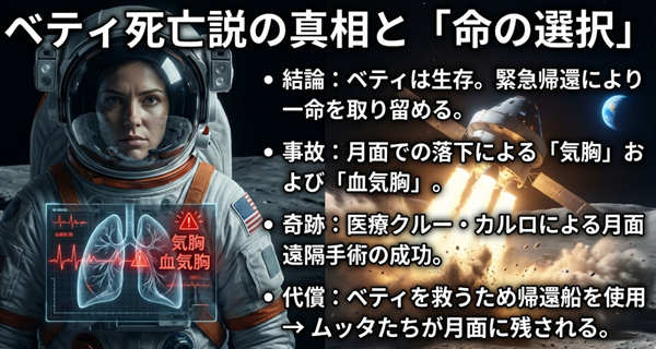 月面での落下事故によるベティの気胸と血気胸の詳細、医療クルー・カルロによる遠隔手術の成功、そして彼女を救うためにチームが分断された経緯を解説した図