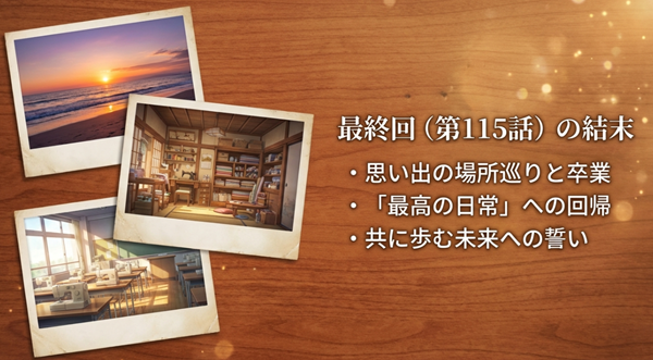 第115話（最終回）で描かれた思い出の場所巡り、高校卒業、そして二人が最高の日常へ回帰し未来を誓う結末をまとめたスライド。