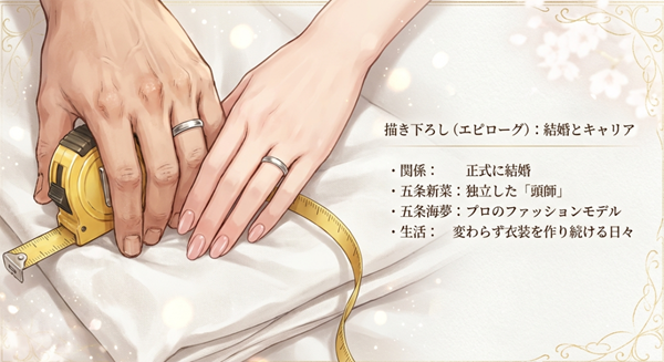 数年後のエピローグで描かれた、夫婦となった二人と、独立した「頭師」となった新菜、プロモデルとして活躍する海夢の生活を解説した図。