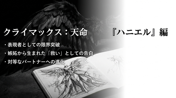 作中劇『天命』のハニエル編で描かれた新菜の限界突破と、嫉妬を乗り越えた告白による対等なパートナーへの進化を解説した図。