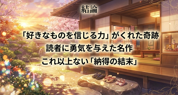 記事の結論として、読者に勇気を与えた名作の納得の結末と、好きなものを信じる力が生んだ奇跡についてまとめた最終スライド。