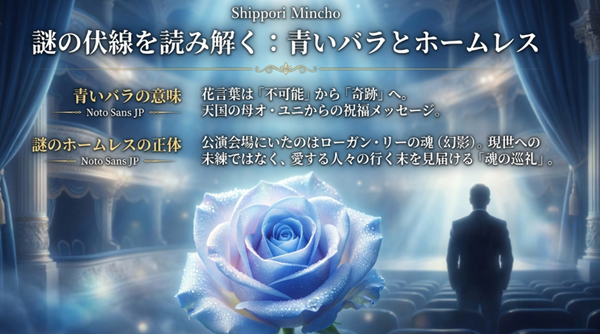 「奇跡」を意味する青いバラの花言葉と、公演会場に現れたホームレス風の男がローガン・リーの魂（幻影）であるという伏線回収の解説。