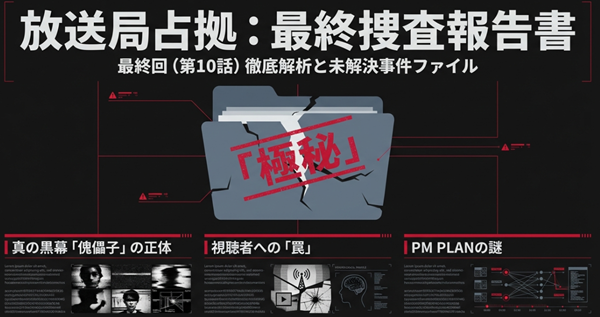 ドラマ『放送局占拠』最終回の全貌を記した極秘捜査ファイルの表紙スライド。監視カメラの映像と「極秘」の印が押された緊迫感あるデザイン。