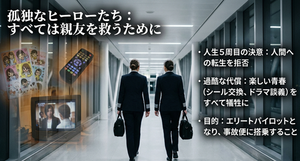 人間への転生を拒否し、楽しい青春を犠牲にしてエリートパイロットを目指す麻美と真里の孤独な闘いを図解したスライド。