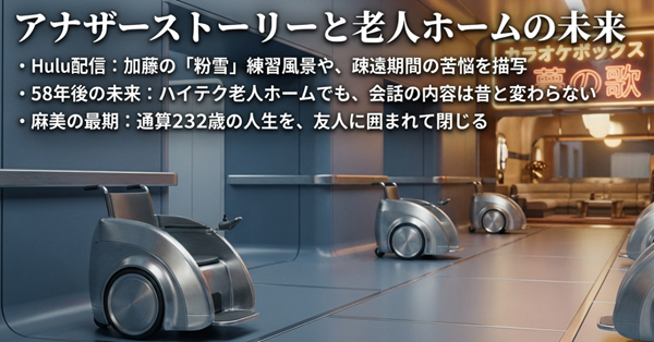 Huluで配信された加藤の粉雪や麻美たちの作戦会議、そして58年後の老人ホームで変わらぬ友情を育む未来を描いたスライド。