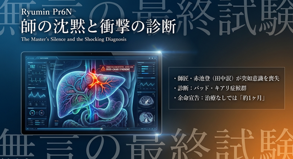 突如倒れた赤池医師の診断結果である難病「バッド・キアリ症候群」の医療イメージ図と、余命宣告についての解説。
