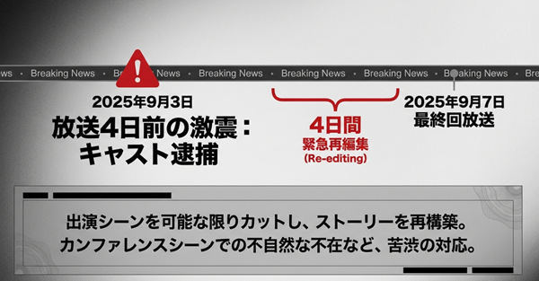 最終回直前の2025年9月3日に発生したキャスト逮捕のニュースと、それによる緊急再編集のタイムラインを示したスライド。