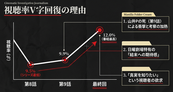 ドラマ『キャスター』の視聴率推移グラフ。第8話の最低記録9.5%から最終回12.0%へのV字回復とその3つの理由(山井Pの死、結末への期待、真実への欲求)を解説。