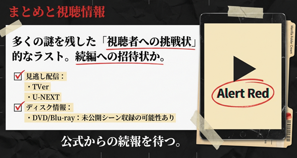 最終回の総括と、TVerやU-NEXTでの見逃し配信情報、DVD/Blu-ray発売の可能性をまとめた視聴情報スライド。