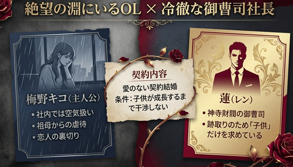 主人公・梅野キコの不幸な境遇と、御曹司・蓮の目的、そして「子供が成長するまで干渉しない」という契約結婚の条件をまとめた相関図。
