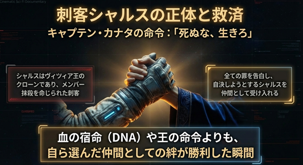 ヴィツィア王のクローンであるシャルスの正体と、自決しようとする彼を「キャプテンの命令」として救ったカナタの友情を描いた解説図。