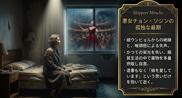 喉頭癌で声を失い、極貧生活の末に薬物自殺を選んだチョン・ソジンの悲惨な末路と、娘ウンビョルへの最後の思いについての解説。