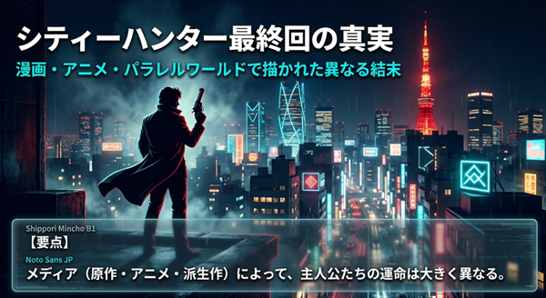 漫画、アニメ、パラレルワールドで描かれた異なる『シティーハンター』の結末を比較解説するスライドの表紙。