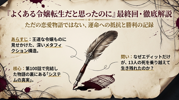 マンガ『よくある令嬢転生だと思ったのに』最終回の徹底解説スライド表紙。13人の死を乗り越えて生き残ったエディットの運命と物語の核心に迫る内容。