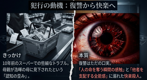 母親の些細なトラブルという「認知の歪み」をきっかけに、復讐がいつしか「支配する全能感」を満たす快楽殺人へと変質していった心理プロセスの解説図 。