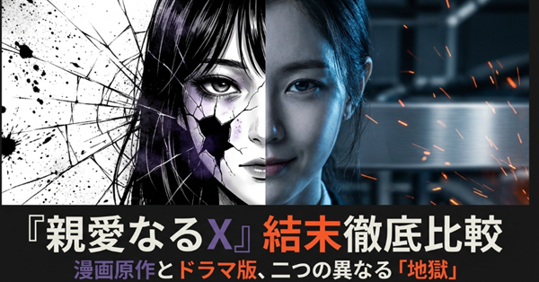 主人公ペク・アジンの実写版と漫画版の顔が半分ずつ合わさった、物語の二面性を象徴する比較解説スライドの表紙。