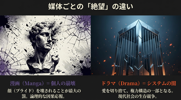 壊れた彫像のイラストと共に、漫画版の「個人のプライドの崩壊」とドラマ版の「権力構造への同化」というテーマ性の違いを解説した図。