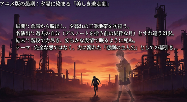 アニメ版『DEATH NOTE』の結末。夕暮れの工業地帯を逃走し、過去の自分とすれ違う演出や、安らかな死を描いた「悲劇の主人公」としての幕引きについての解説。