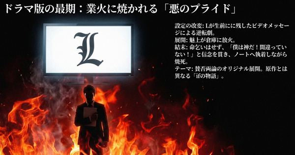 2015年ドラマ版『DEATH NOTE』の結末。Lのビデオメッセージによる逆転劇や、炎の中で「僕は神だ」と叫びながら焼死する夜神月の改変設定についての解説。