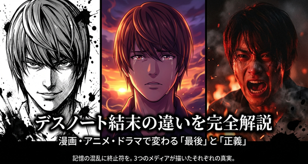 デスノートの漫画、アニメ、ドラマ版の結末の違いを比較し、それぞれのメディアが描いた「最後」と「正義」について解説したスライドの表紙。