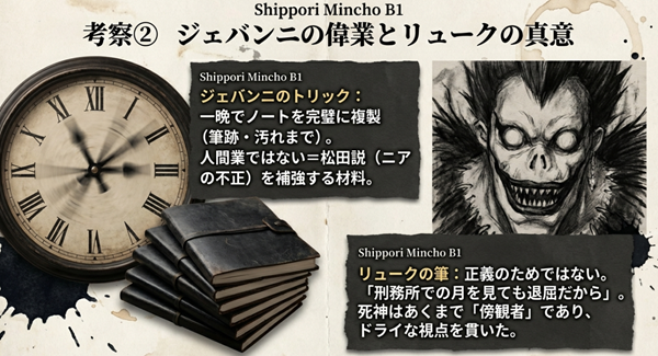 ジェバンニが一晩でノートを複製したトリックの不可解さと、死神リュークが月を殺した「退屈しのぎ」という真意についての解説スライド。