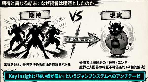 雷禅を超え最強を決めるバトルを期待した読者に対し、穏健派の煙鬼が優勝し相互不可侵条約を結ぶという、ジャンプシステムへのアンチテーゼとなった結末の解説図。