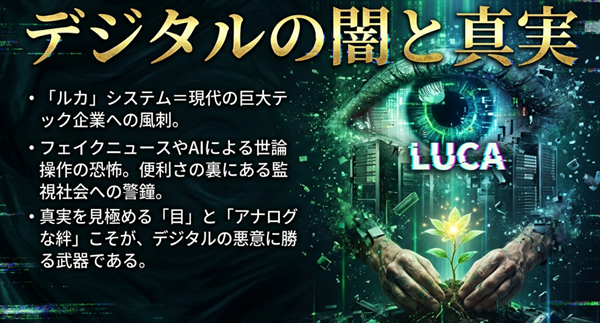 作中の「ルカ」システムが現代の巨大テック企業や監視社会への風刺であり、フェイクニュースに対抗するのは真実を見極める目とアナログな絆であることを解説。