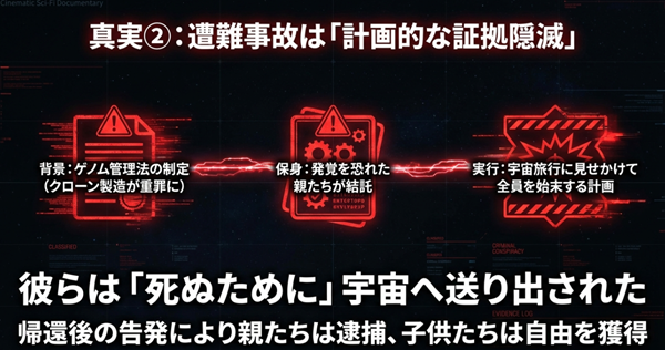 クローン製造が重罪となったため、発覚を恐れた親たちが子供たちを宇宙旅行に見せかけて始末しようとした計画的な陰謀の解説図。