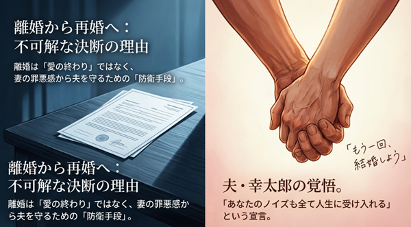 : 離婚から再婚への不可解な決断の理由を解説したスライド。離婚は夫を守るための防衛手段であり、夫・幸太郎の覚悟を示す内容。
