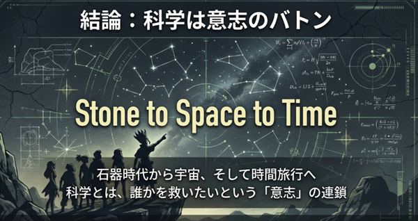石器時代から宇宙、そして時間旅行へと続く科学のロードマップと、意志の連鎖を象徴する物語の最終結論スライド。