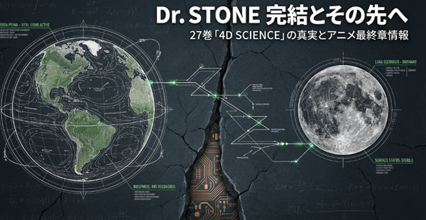 『Dr.STONE』の完結、単行本27巻「4D SCIENCE」、アニメ最終章の情報を網羅した解説スライドの表紙。