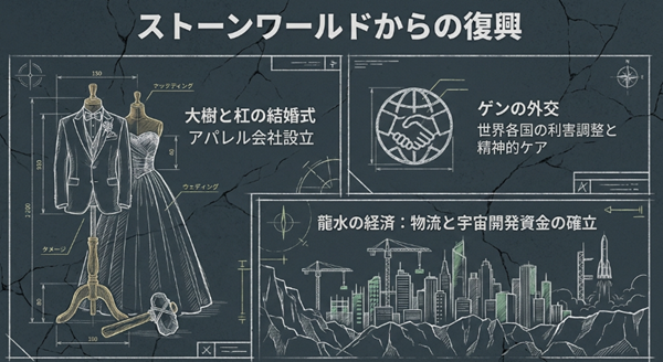 大樹と杠の結婚、アパレル会社設立、ゲンの外交、龍水の経済活動など、文明復興後の主要キャラの進路をまとめた図。