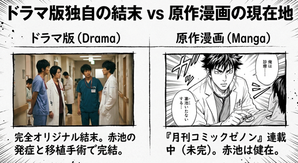 ドラマ版はオリジナル結末で完結したが、原作漫画は連載中であることを比較した対比表スライド。