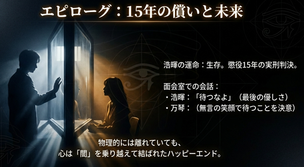 懲役15年の判決を受けた浩暉の「待つなよ」という優しさと、それを笑顔で受け入れる万琴。物理的には離れていても心が通じ合った結末の解説 。