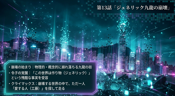 最終話「ジェネリック九龍の崩壊」のあらすじ解説。物理的・概念的に崩れ落ちる街と、世界が作り物であることを受け入れた鯨井令子の覚醒について。