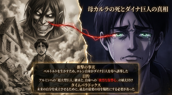 エレンが自身の母親であるカルラをダイナ巨人に捕食させた理由、ベルトルトを生かすためのタイムパラドックスと因果のループに関する図解。