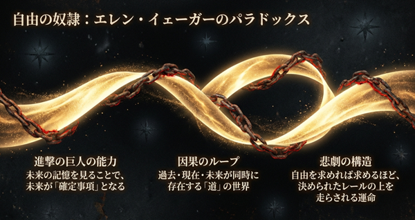未来の記憶を見ることで未来が確定事項となり、自由を求めるほど運命のレールを走らされるエレンの「自由の奴隷」としてのパラドックス図解。